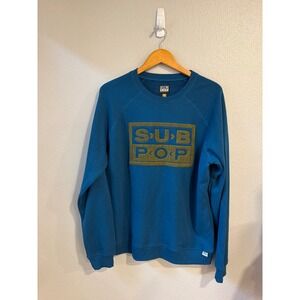 Sub Pop Records Sweatshirt Men L Marine Blue Shag Fuzzy Logo Crewneck Grunge